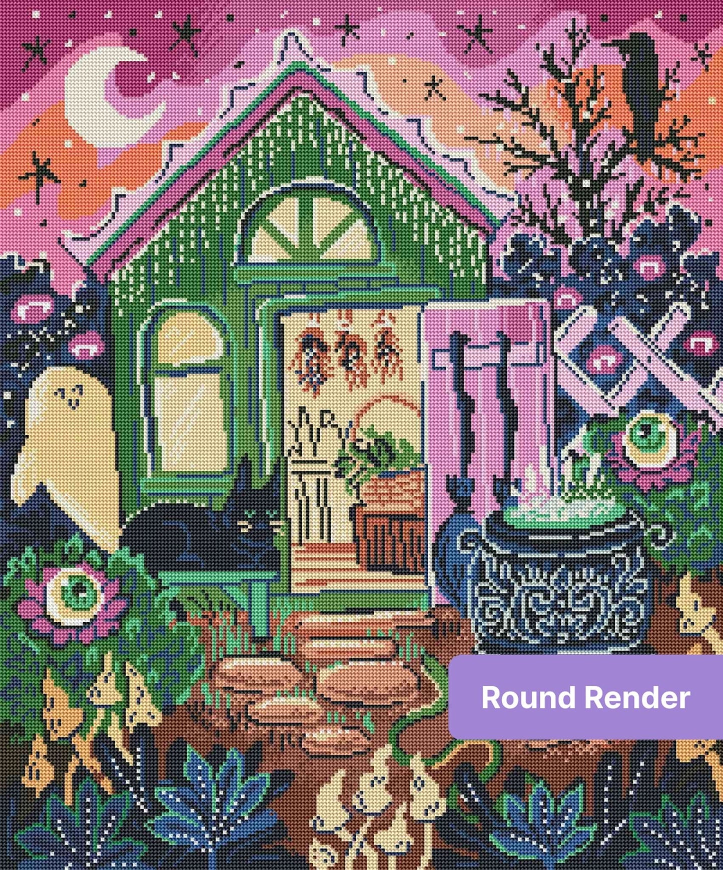 Whimsical cottage garden with moon, flowers, and dark fantasy-style decorative details