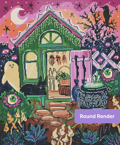 Whimsical cottage garden with moon, flowers, and dark fantasy-style decorative details