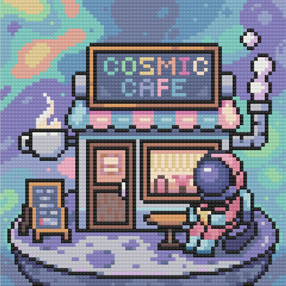 Four cute galaxy-themed diamond painting designs with astronauts, a rocket cat, and a cosmic café