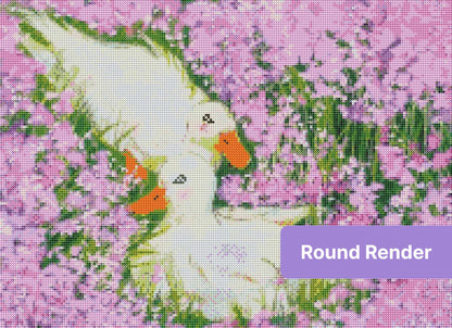 Two white ducks in a pink floral garden, watercolor-style diamond art scene