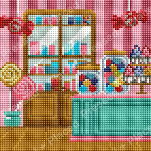 Pastel candy shop interior with colorful sweets, pink walls, and a cozy cartoon style