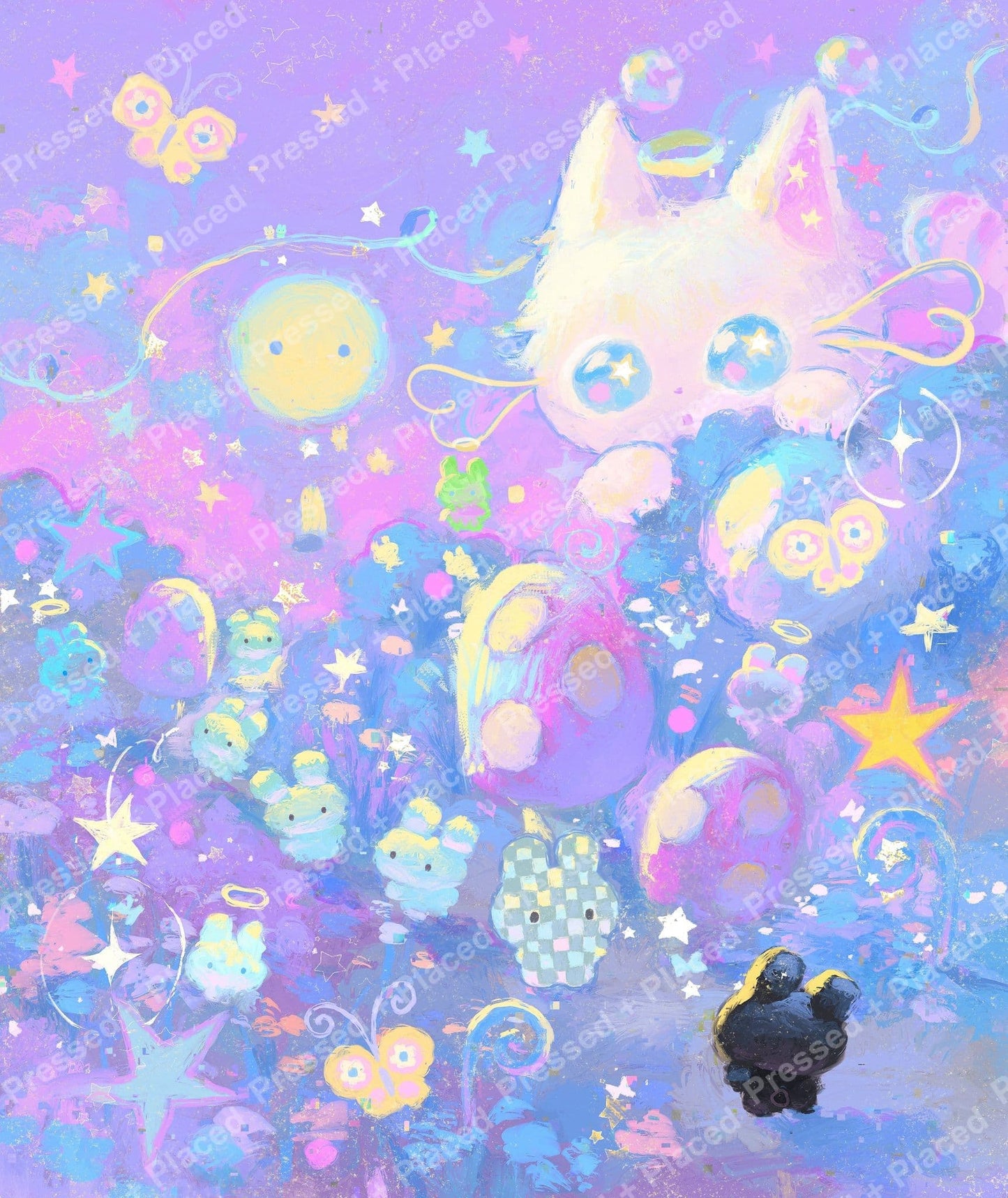 Pastel kawaii cat surrounded by stars, planets, and whimsical fantasy characters