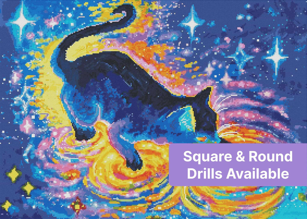 Black cat diamond painting kit with vivid galaxy colors, stars, and swirling neon nebula effects