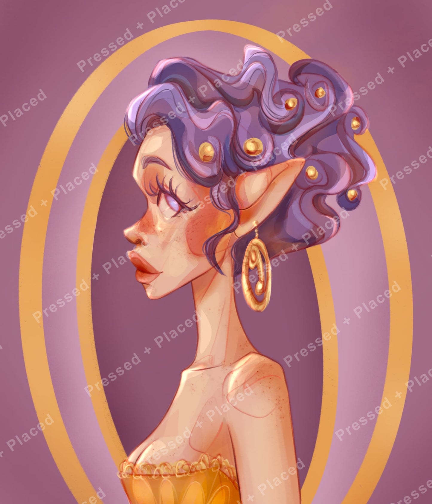Fantasy fairy portrait with purple hair, gold accents, and elegant side profile