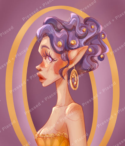 Fantasy fairy portrait with purple hair, gold accents, and elegant side profile