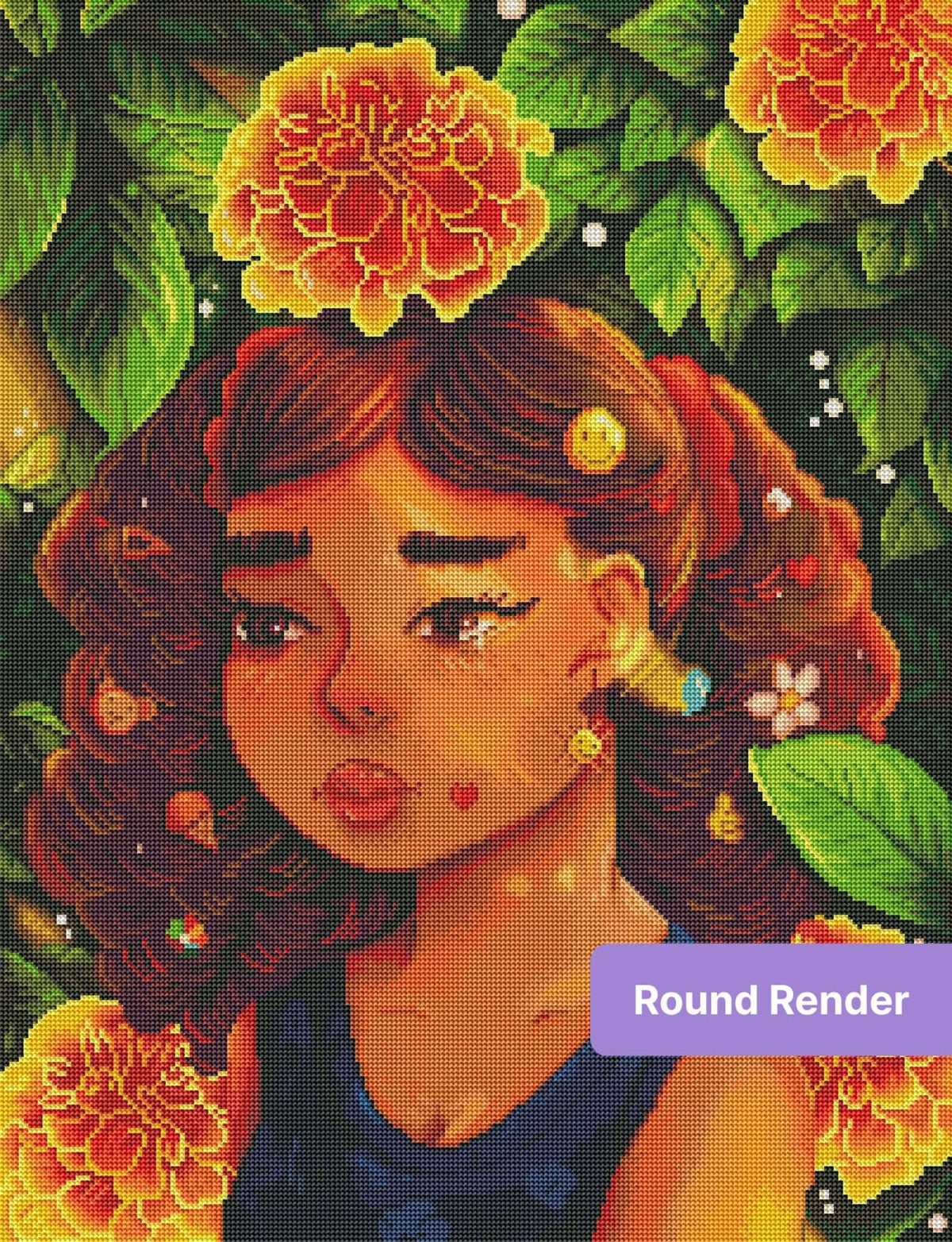Illustrated girl with floral hair accessories surrounded by glowing marigolds and green leaves