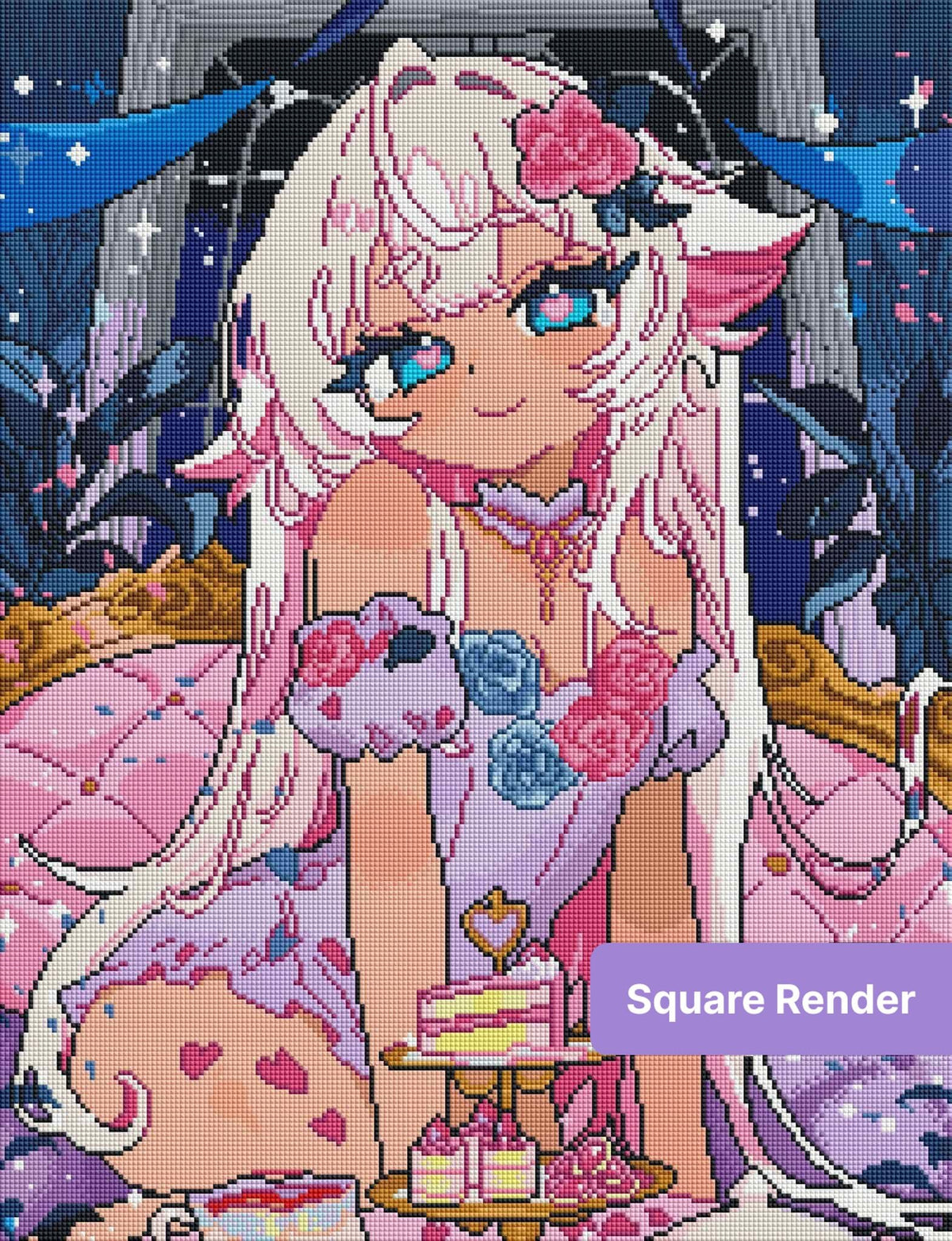 Anime-style fairy girl with white hair, pink flowers, and pastel fantasy details