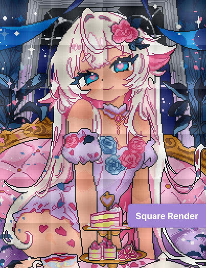 Anime-style fairy girl with white hair, pink flowers, and pastel fantasy details