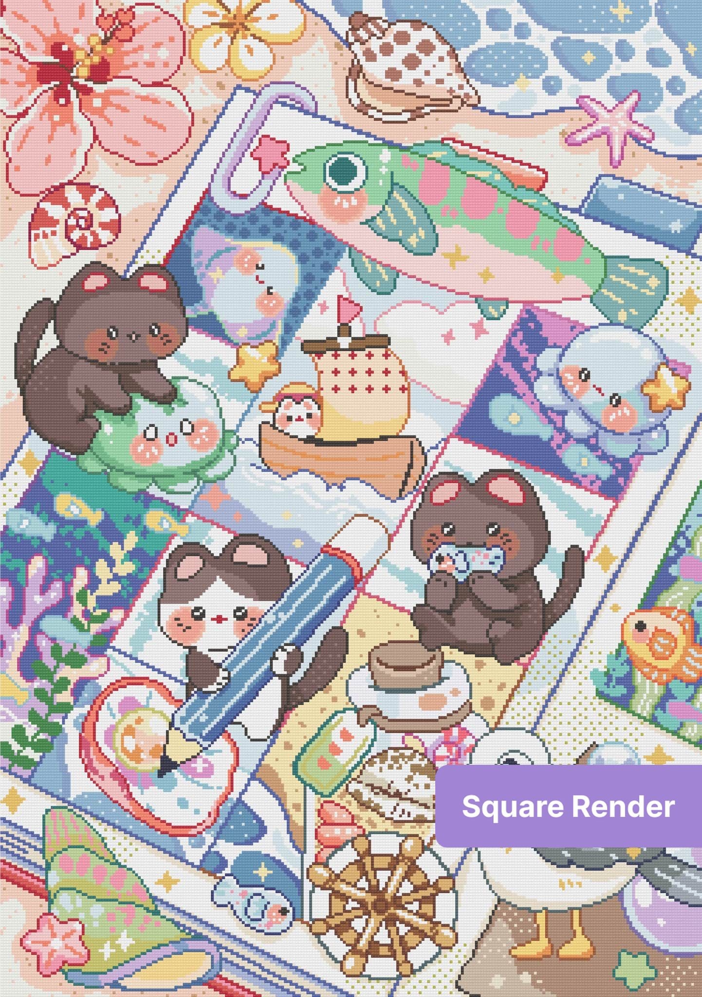 Kawaii sea animals in a colorful pastel patchwork diamond painting design