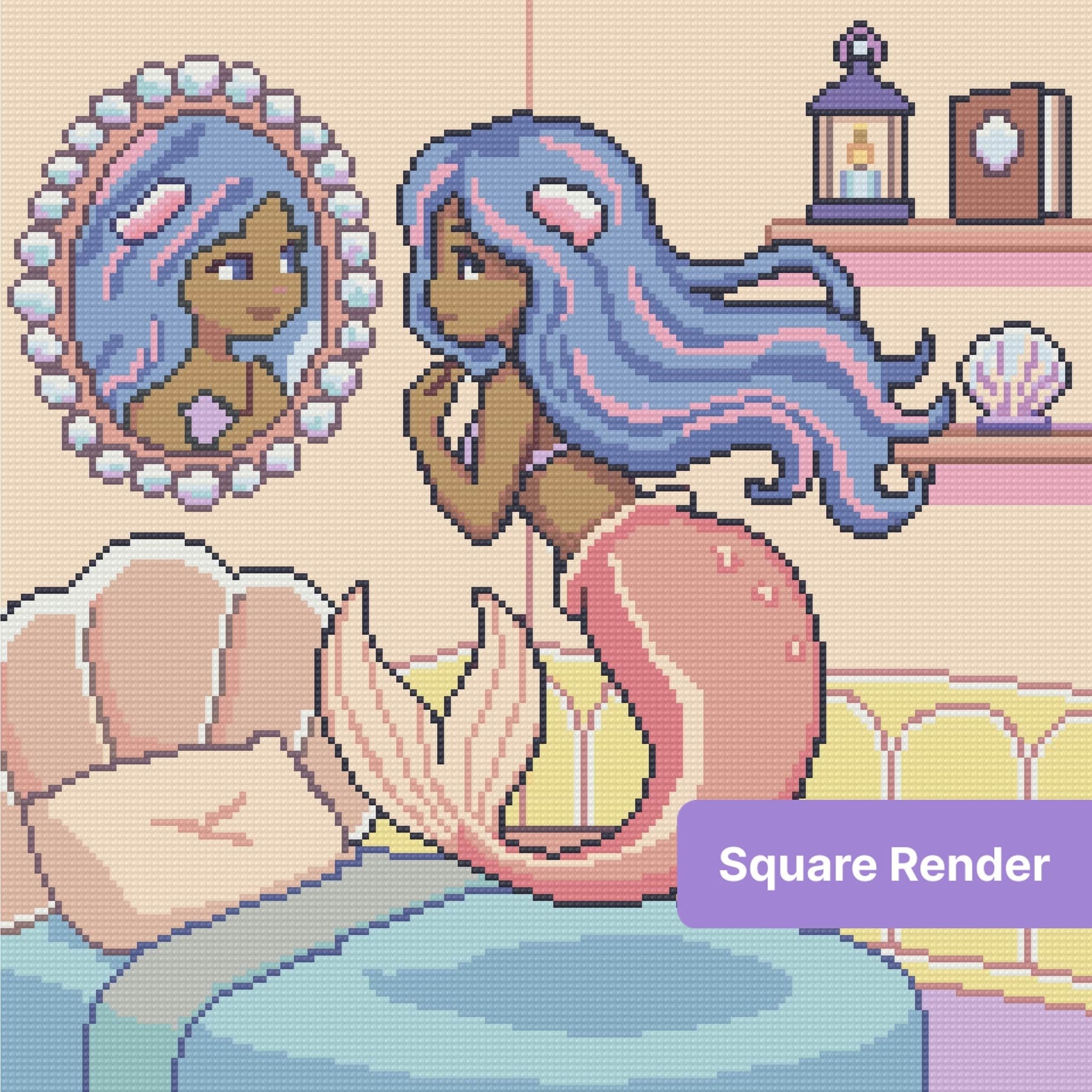 Mermaid princess with flowing blue hair in a pastel fantasy room, diamond painting style