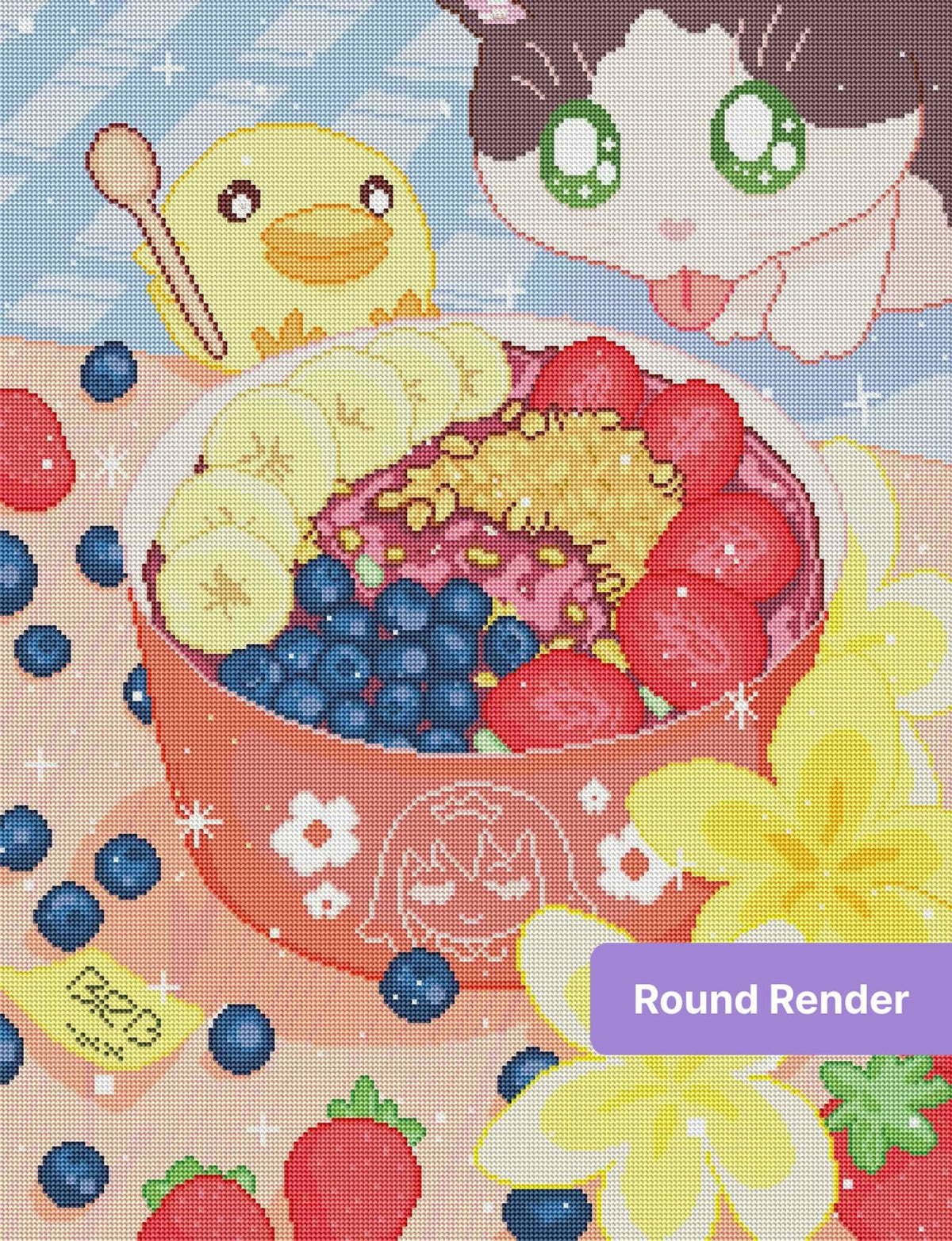 Cute kawaii cat and chick with colorful berry breakfast bowl in pastel style