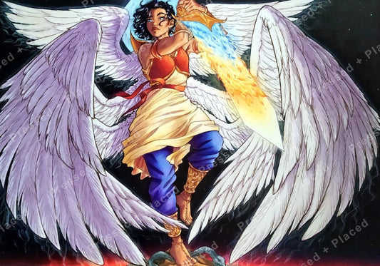 Fantasy angel warrior with large wings and glowing elemental flame energy