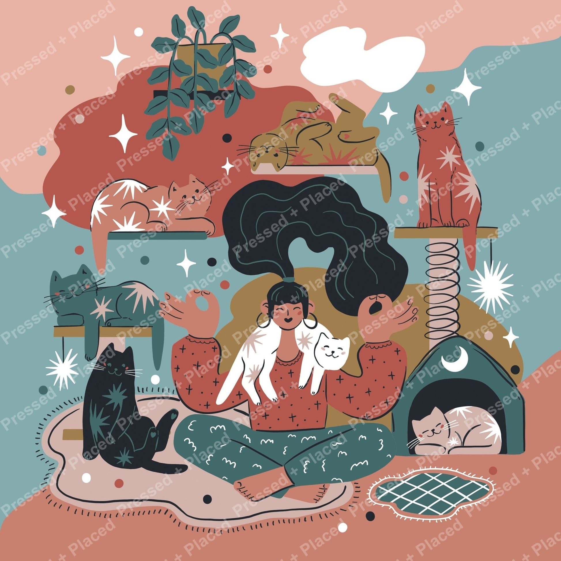 Boho-style cat illustration with lounging cats, soft earthy colors, and playful celestial accents