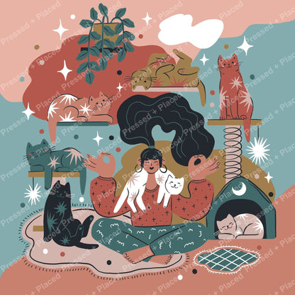 Boho-style cat illustration with lounging cats, soft earthy colors, and playful celestial accents