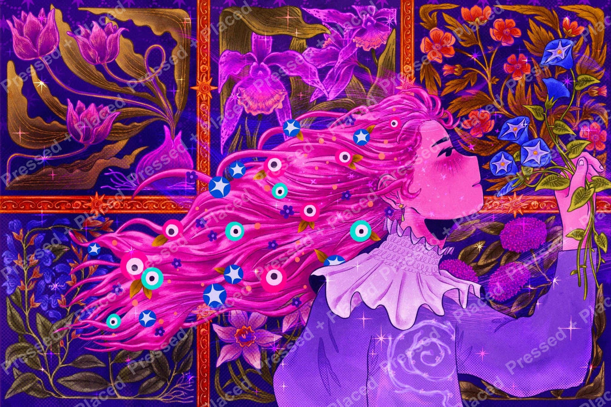 Fantasy girl with flowing pink hair surrounded by vibrant floral panels and ornate purple details
