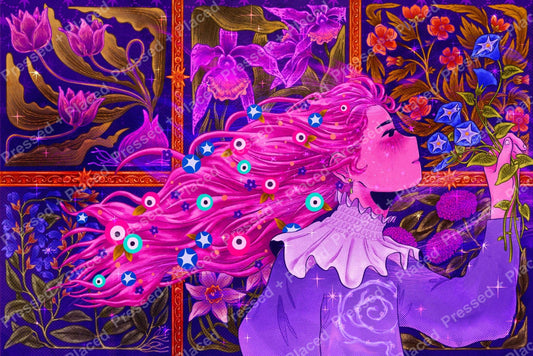 Fantasy girl with flowing pink hair surrounded by vibrant floral panels and ornate purple details