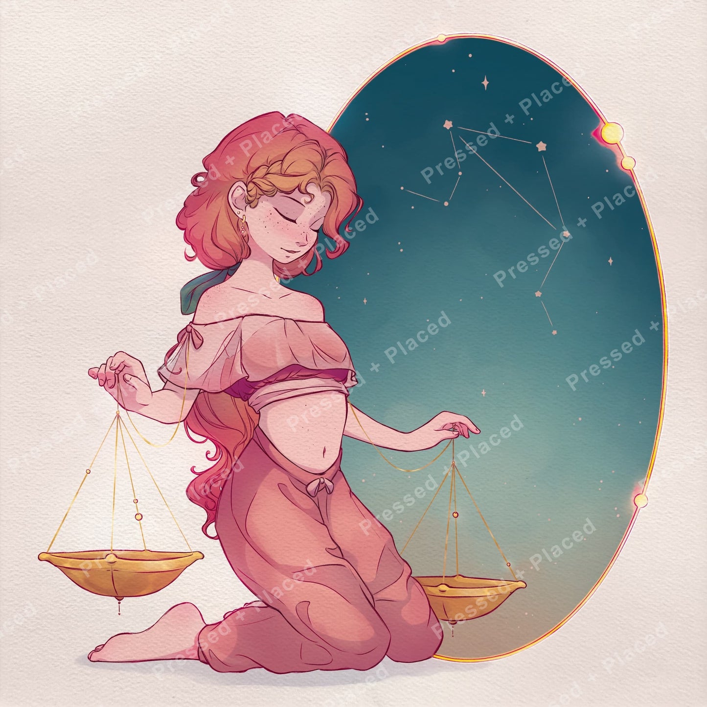 Illustrated Libra zodiac girl with golden scales and a starry teal constellation background