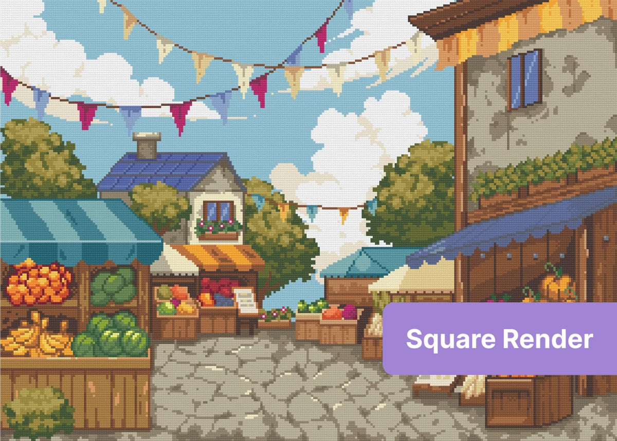 Colorful village market street with produce stalls, rustic houses, and festive bunting under a bright sky