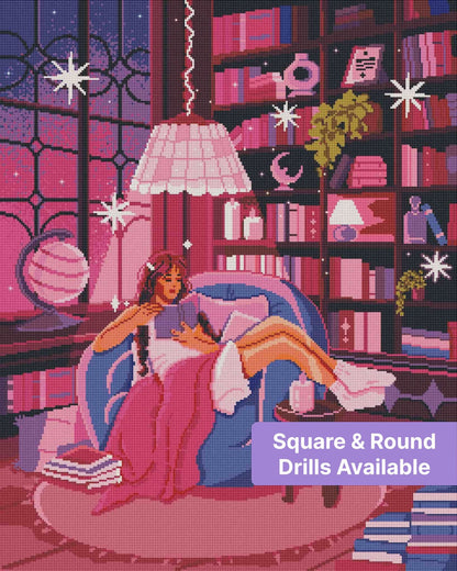 Girl reading in a cozy pink and purple fantasy room with books, candles, and soft lighting