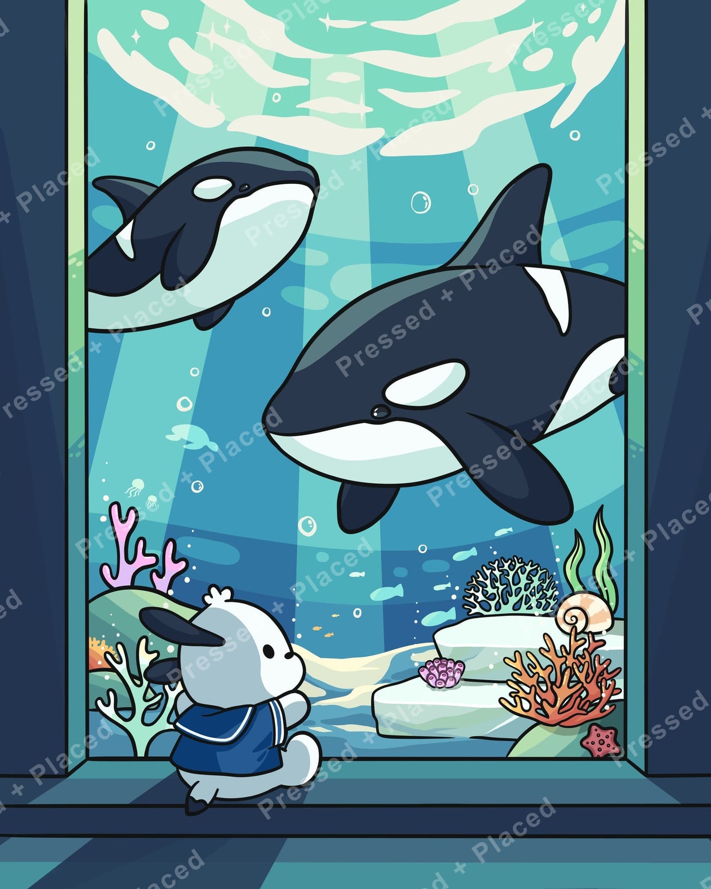 Cute cartoon orcas and a sailor bunny in a colorful underwater coral scene