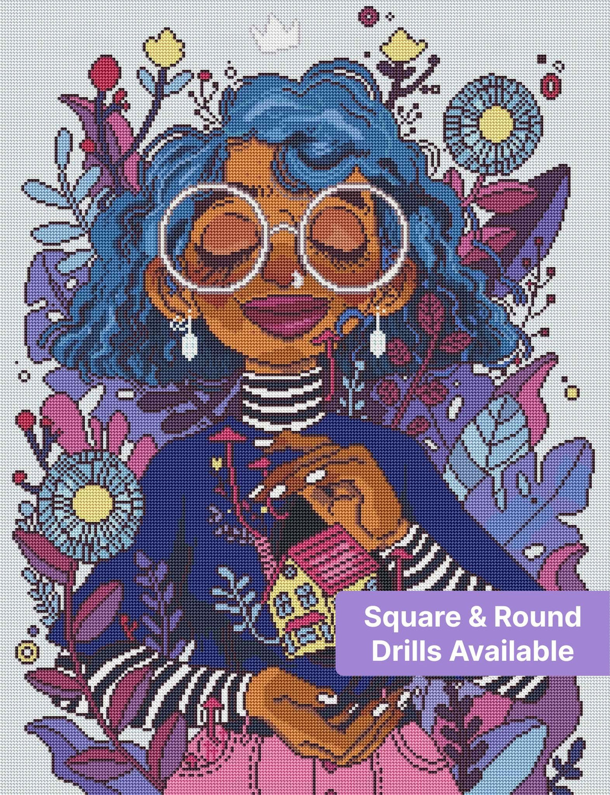 Illustrated blue-haired girl with glasses, flowers, and house pendant in a vibrant portrait style