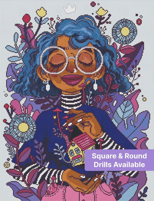 Illustrated blue-haired girl with glasses, flowers, and house pendant in a vibrant portrait style