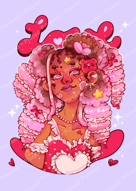 Kawaii girl in pink hearts and fluffy curls on a pastel lavender background