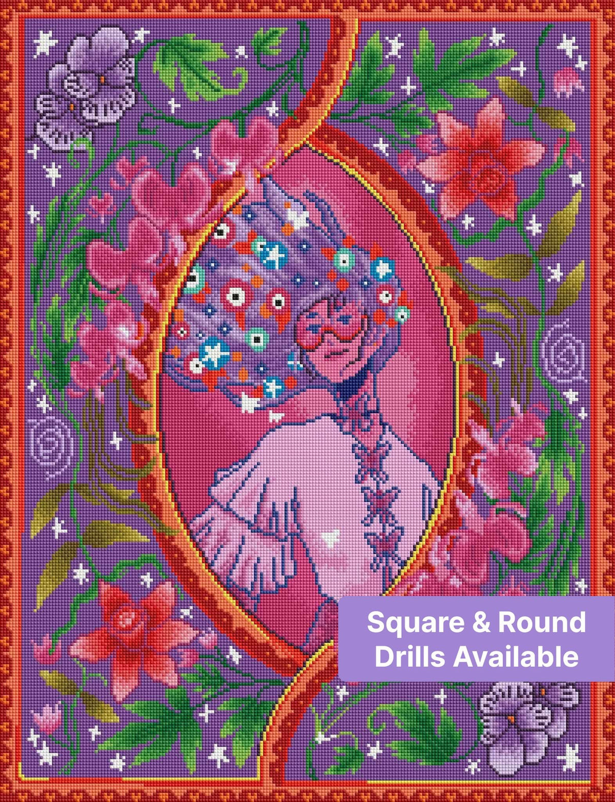Stylized floral portrait with purple background, glowing vines, and pink blossoms