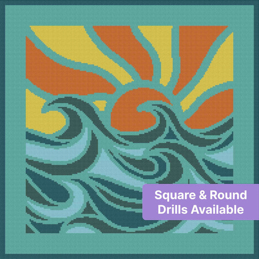 Abstract sunset and wave diamond painting with flowing teal, orange, and yellow shapes