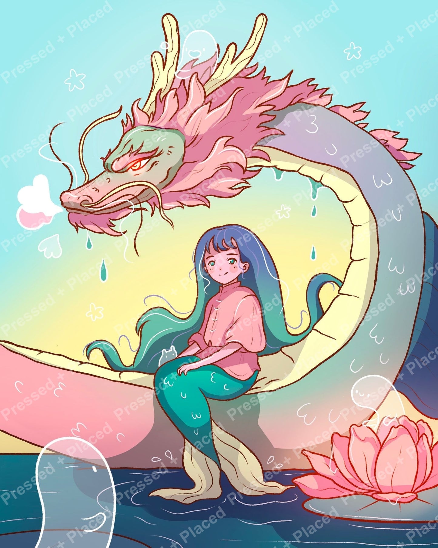 Fantasy girl sitting beside a pastel dragon in a whimsical anime style