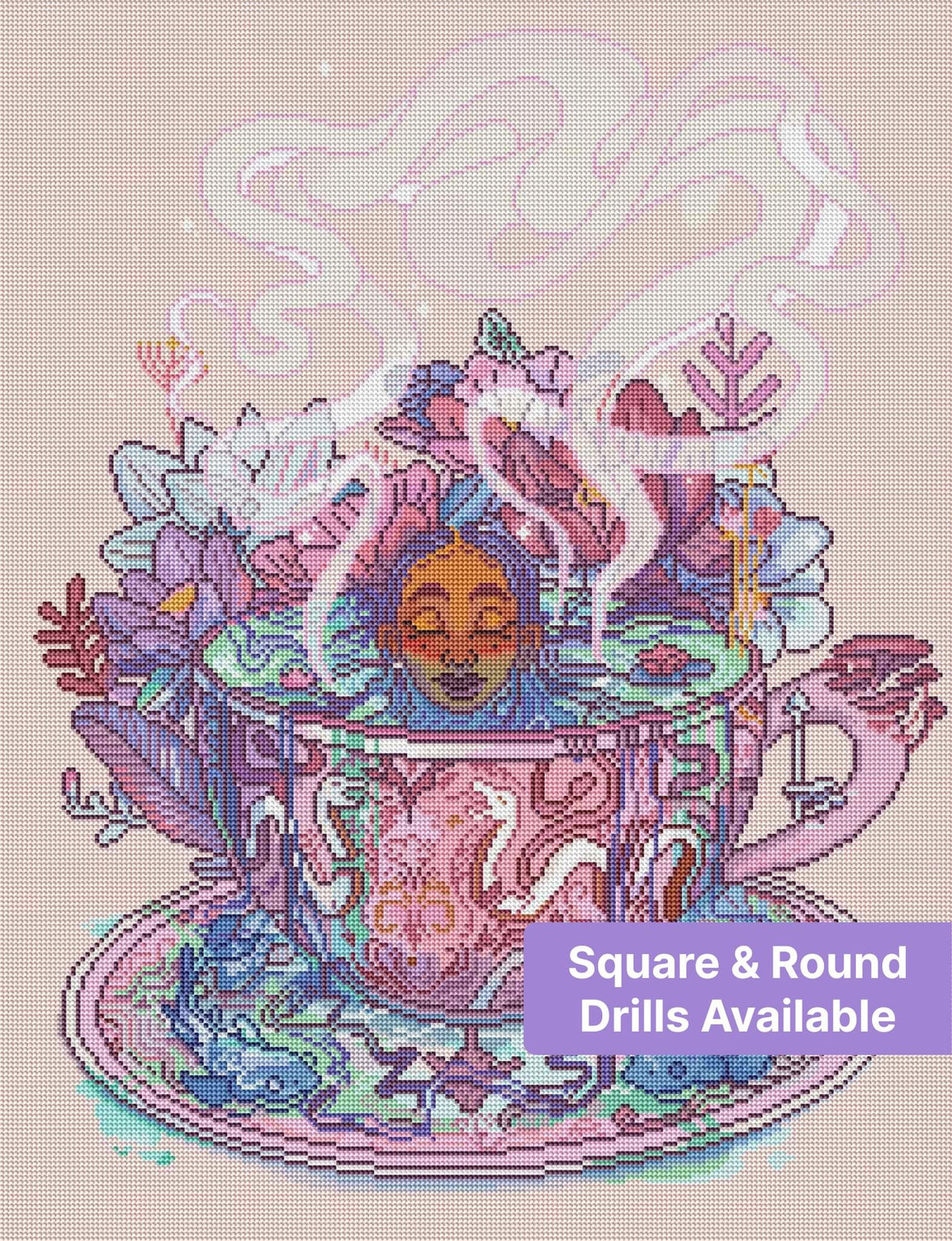 Pastel floral tea cup illustration with serene face, steaming swirl, and decorative pattern details