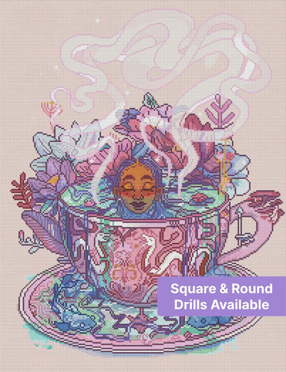Pastel floral tea cup illustration with serene face, steaming swirl, and decorative pattern details