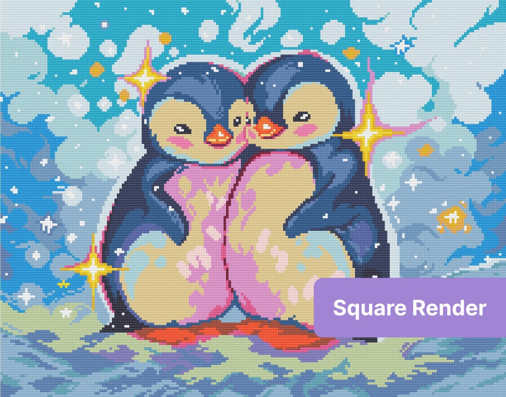 Two cute baby penguins in a pastel watercolor style with sparkling stars and blue background