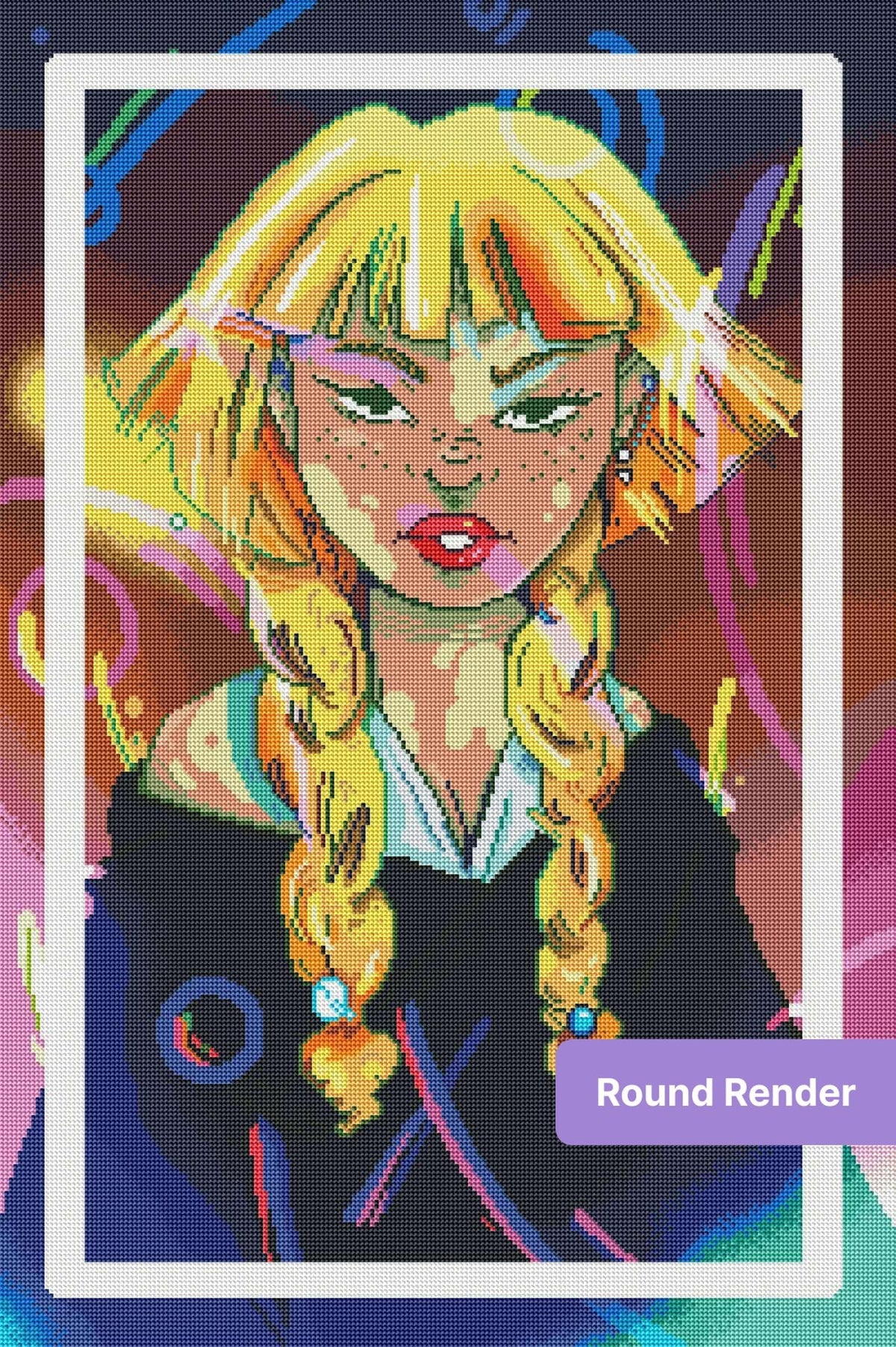 Neon pop-art portrait of a blonde woman with braids and vibrant glowing colors