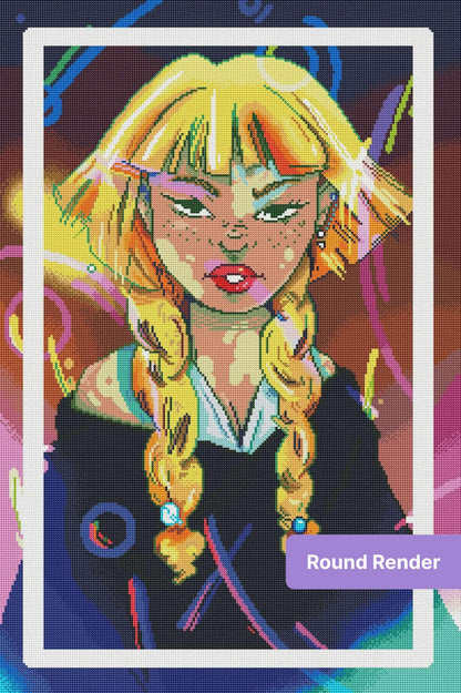 Neon pop-art portrait of a blonde woman with braids and vibrant glowing colors