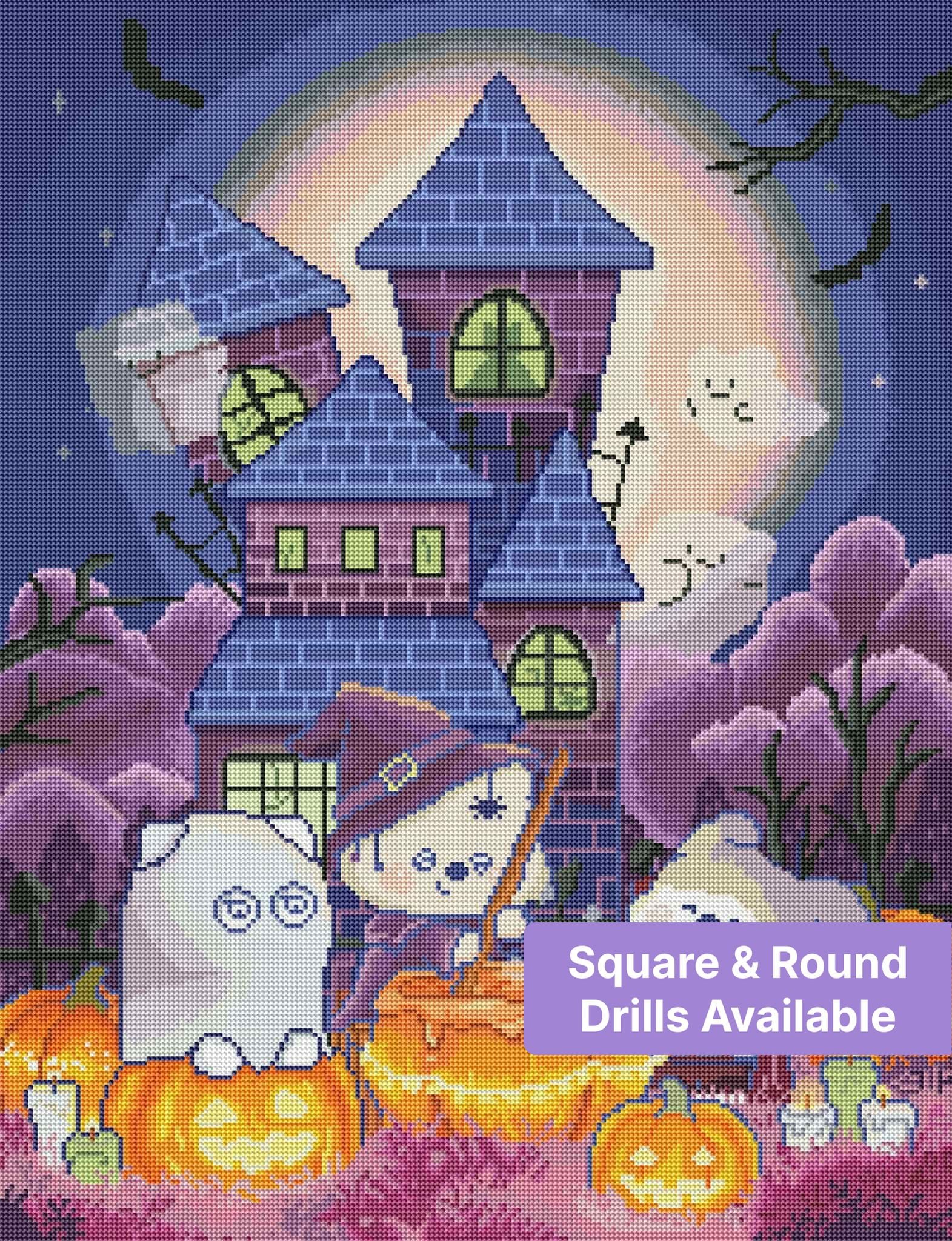 Cute Halloween witch and ghosts in front of a spooky castle with pumpkins and moonlight