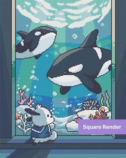 Cartoon orcas swimming underwater with a bunny, coral reef, and ocean blues