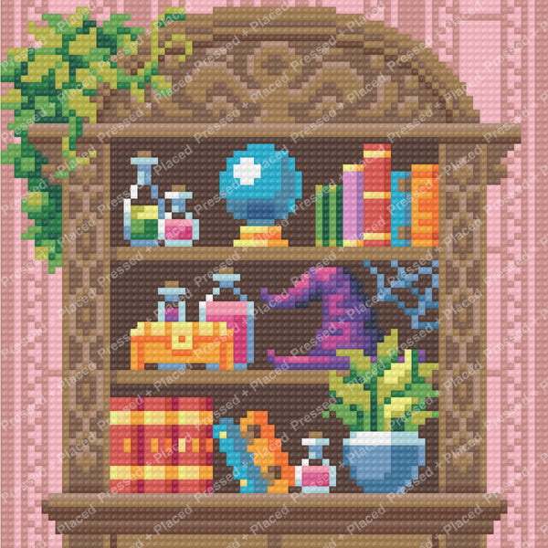 Colorful bookshelf diamond painting with books, plants, and decorative objects on wooden shelves