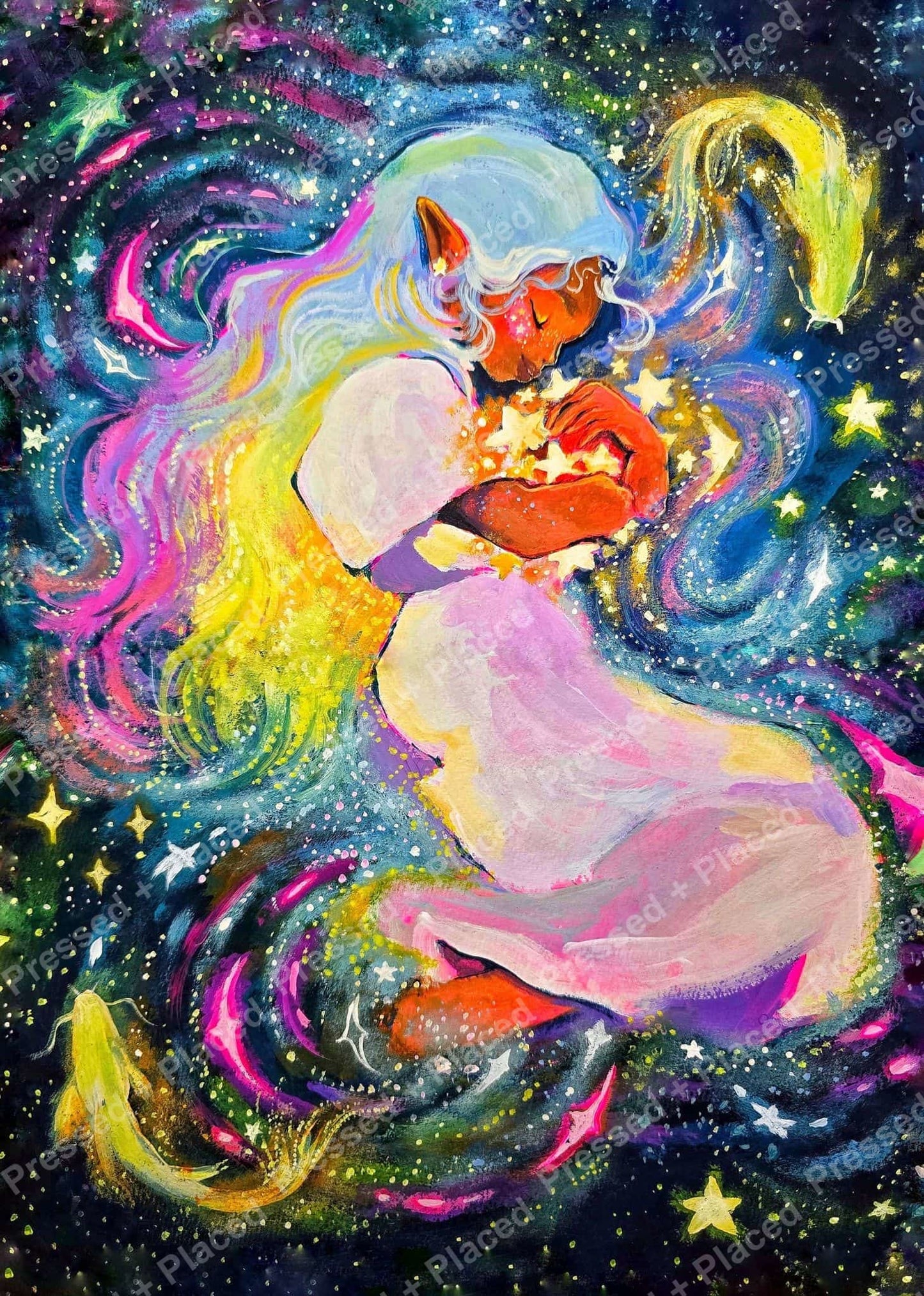 Colorful unicorn in a cosmic fantasy scene with stars and rainbow swirls