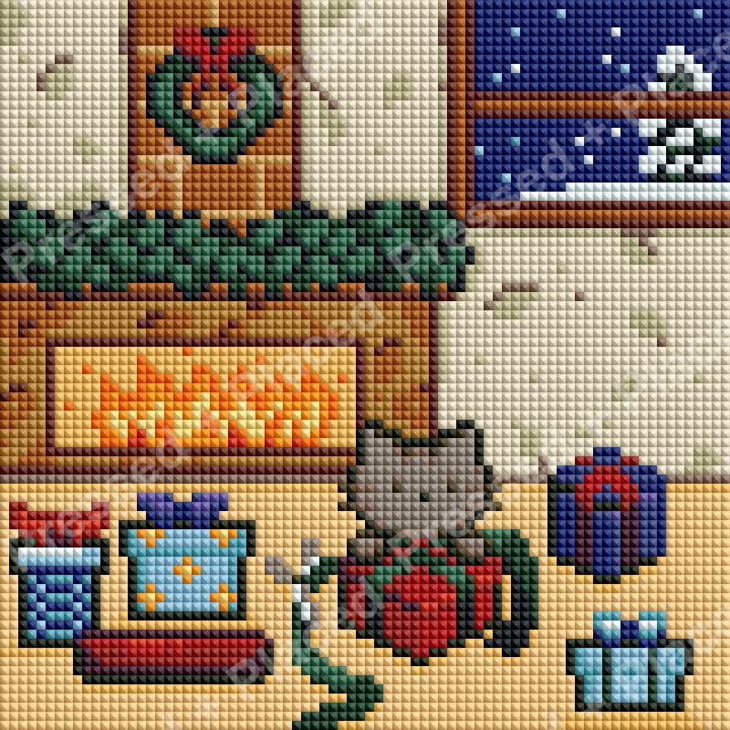 Cute cat in a festive Christmas room with fireplace and colorful wrapped gifts