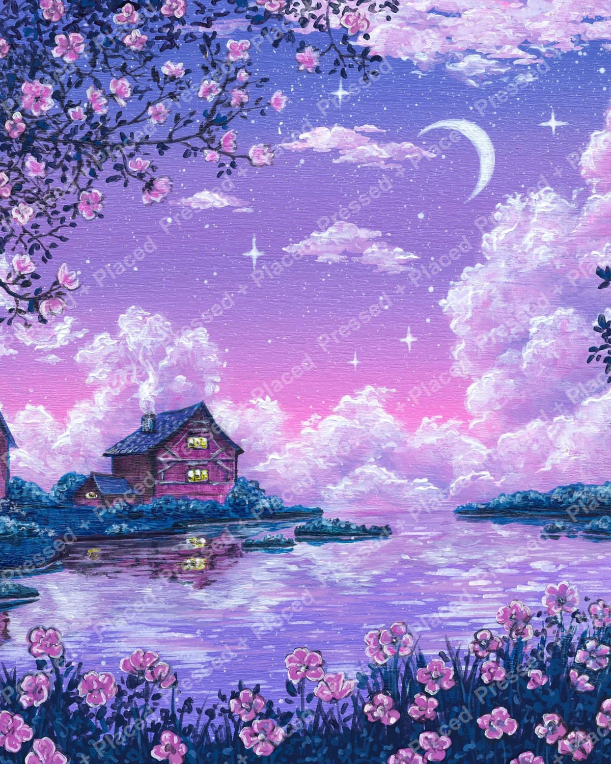 Pastel moonlit lake scene with cherry blossoms, cottage, and a lavender-purple sky