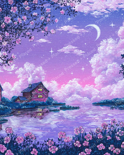 Pastel moonlit lake scene with cherry blossoms, cottage, and a lavender-purple sky