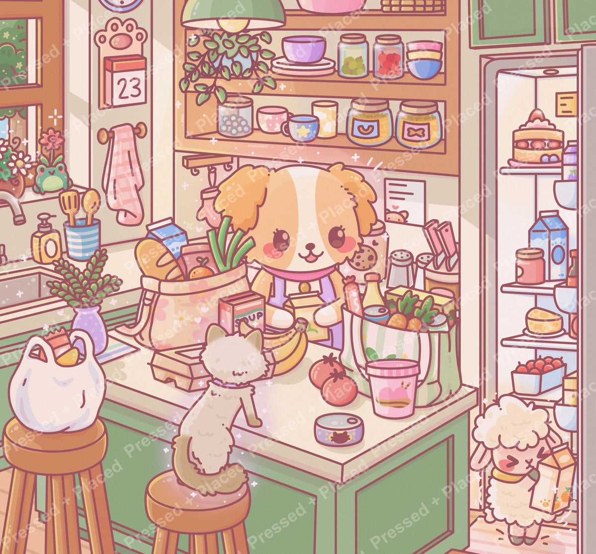 Cute cartoon puppy kitchen scene with pastel shelves, groceries, and cozy home details