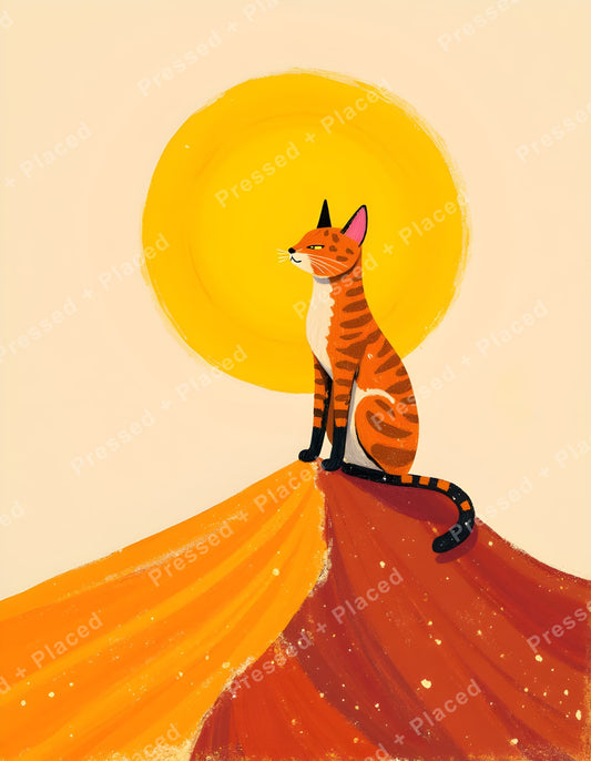 Orange tabby cat sitting on a colorful sunset hill with a bright golden sun behind it