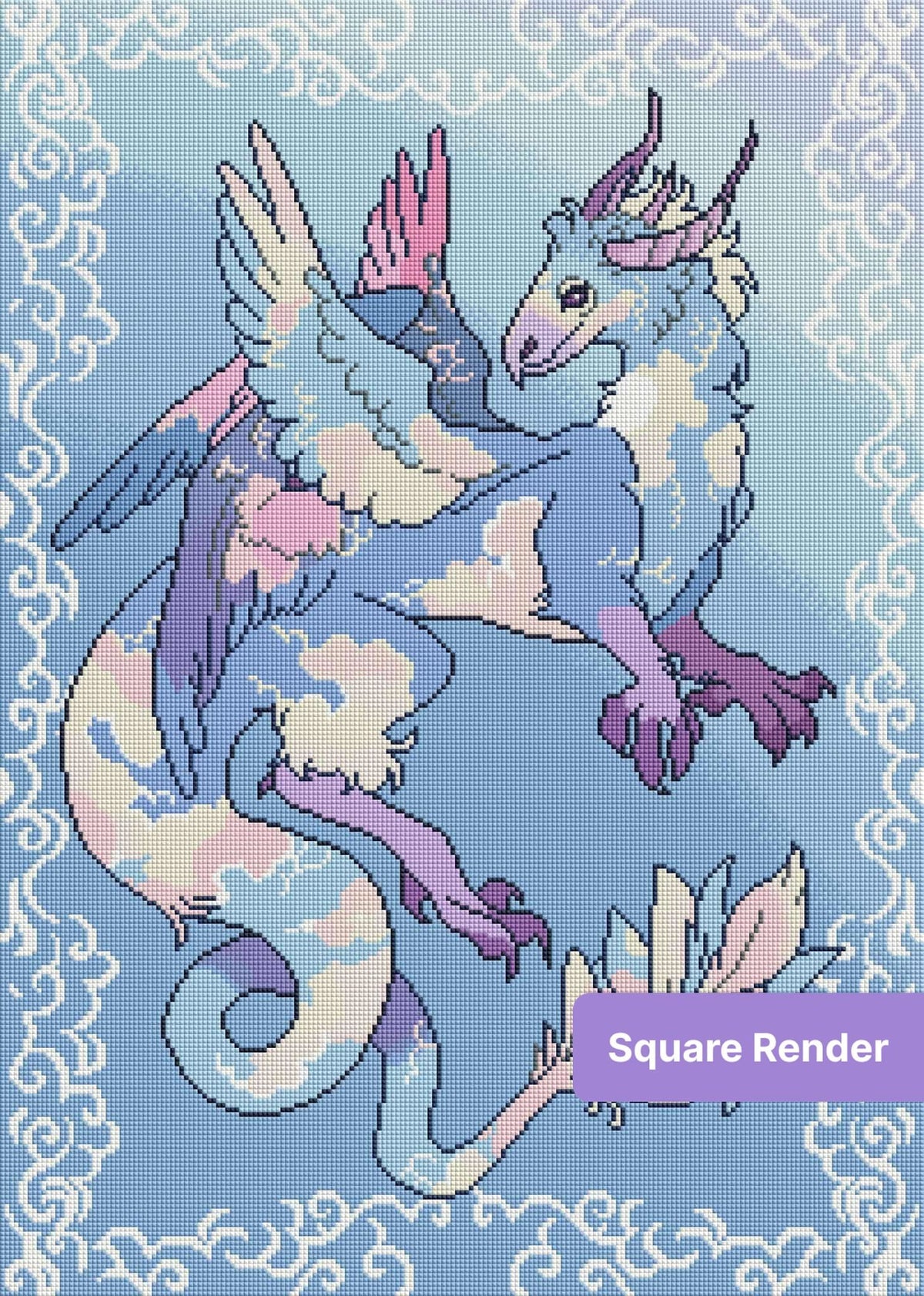 Pastel fantasy dragon with cloud patterns, lavender horns, and elegant swirling border