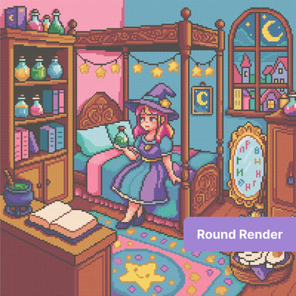 Pixel art witch bedroom with pastel decor, star garlands, and moonlit fantasy details