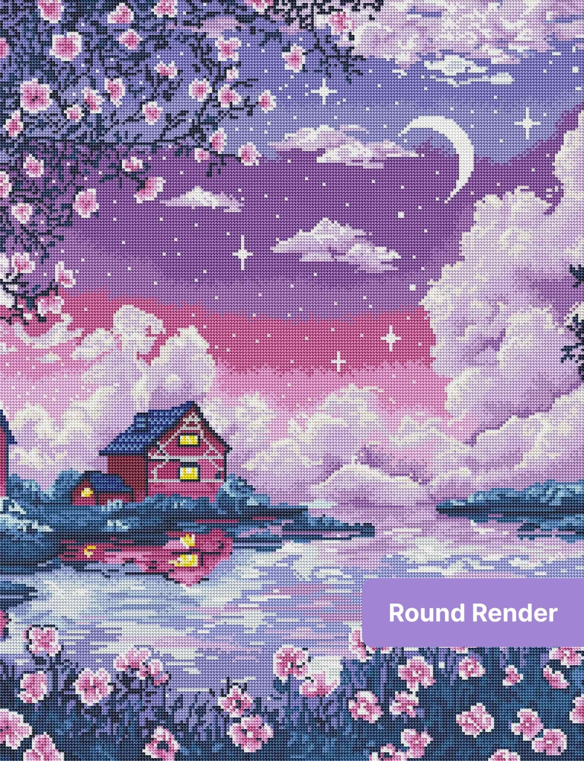 Pastel moonlit lake scene with cherry blossoms, cottage, and a lavender-purple sky