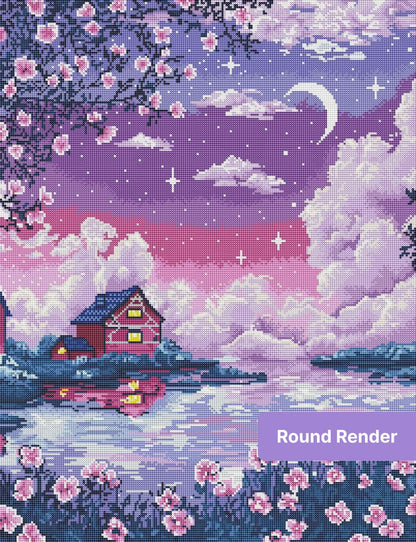 Pastel moonlit lake scene with cherry blossoms, cottage, and a lavender-purple sky