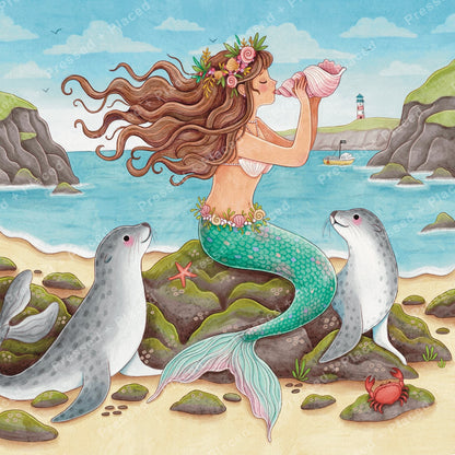 Mermaid with flowing hair and seals on a rocky seaside shore in soft watercolor style