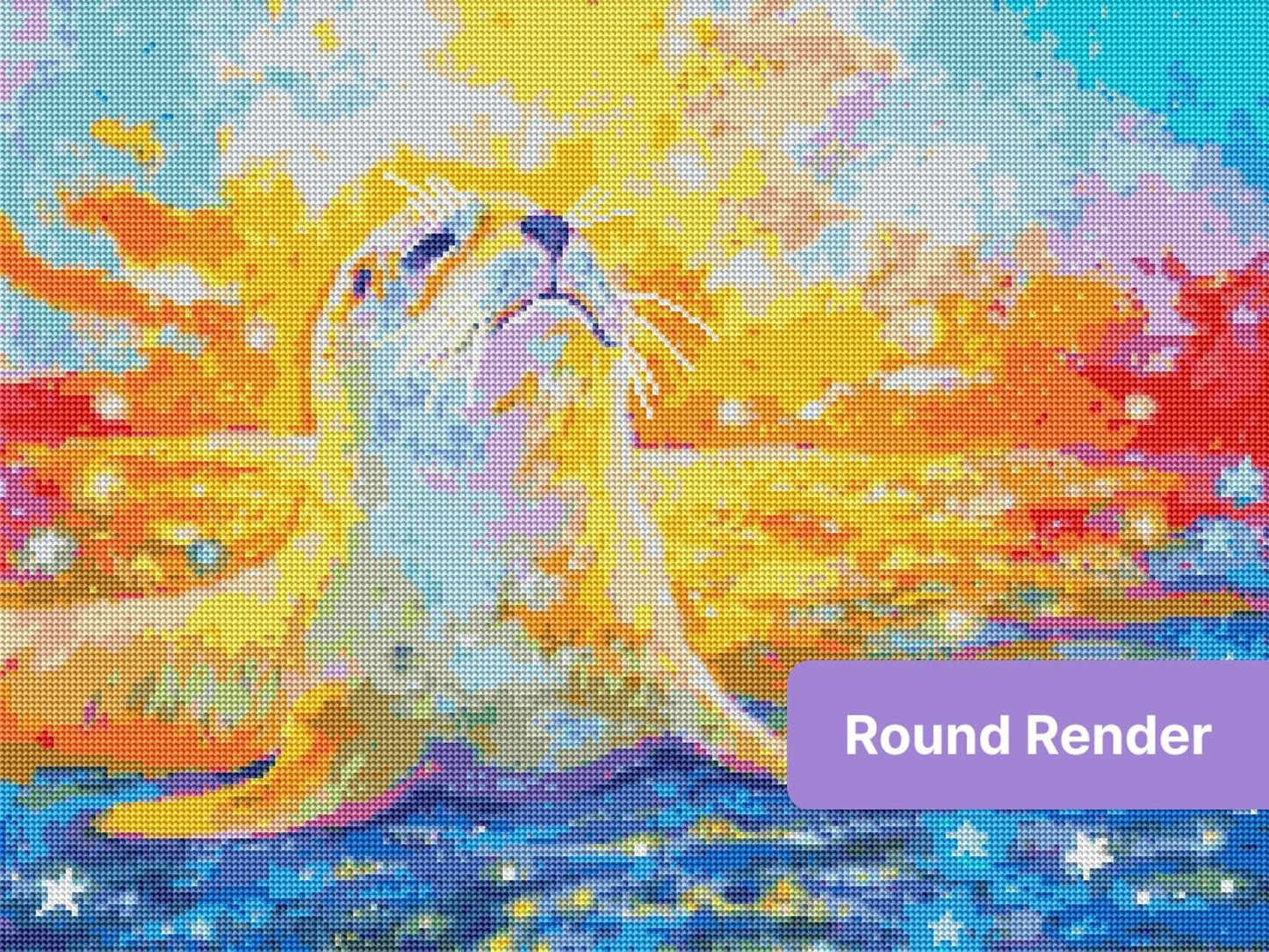 Colorful seal illustration with rainbow ocean tones and a dreamy sunset sky